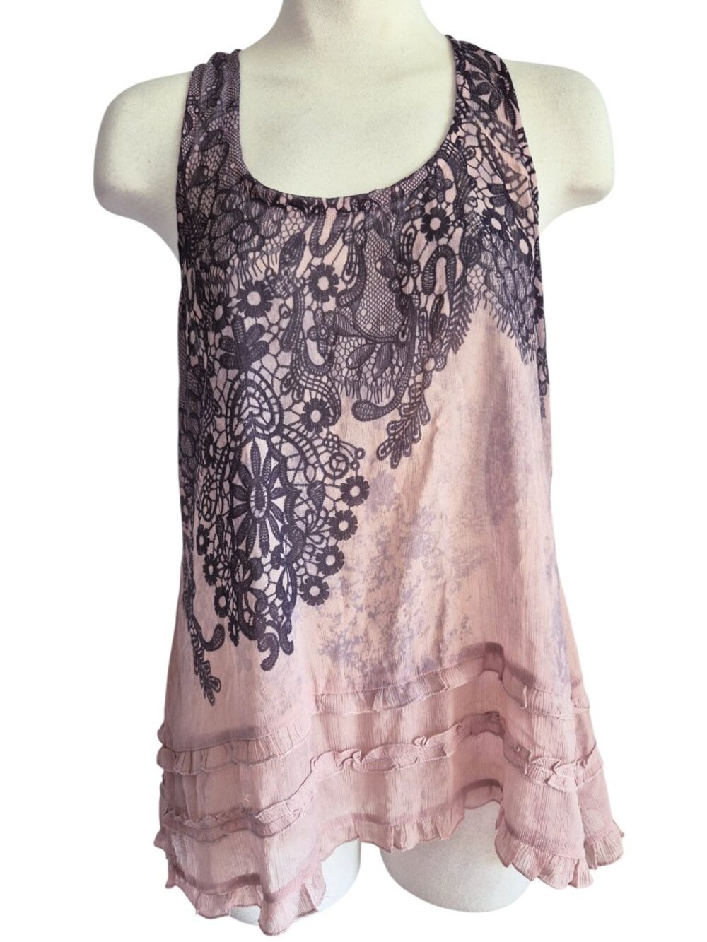 Fang Y2K Blush Pink Black Lace-print Tank Top Delicate Ruffled Hem Whimsigoth L